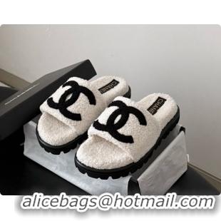 Luxury Cheap Chanel Fluffy Slide Sandals CH091005 White 2026 