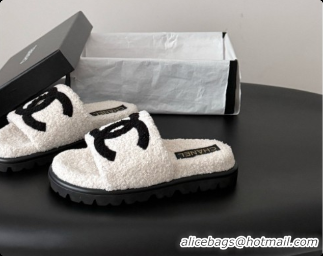 Luxury Cheap Chanel Fluffy Slide Sandals CH091005 White 2026 