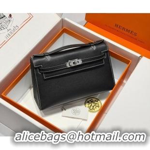 Cheap Hermes Kelly Pochette Swift Bag 22cm in Cow Leather H0414 Black/White Stitching 2026 (Half Handmade)