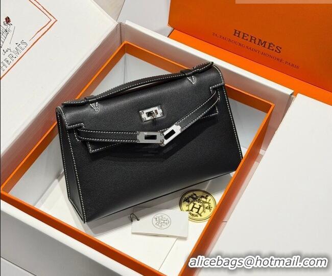 Cheap Hermes Kelly Pochette Swift Bag 22cm in Cow Leather H0414 Black/White Stitching 2026 (Half Handmade)