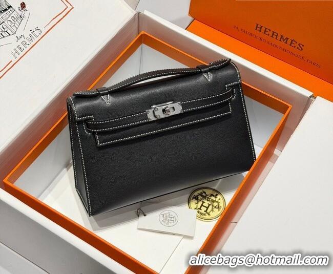 Cheap Hermes Kelly Pochette Swift Bag 22cm in Cow Leather H0414 Black/White Stitching 2026 (Half Handmade)