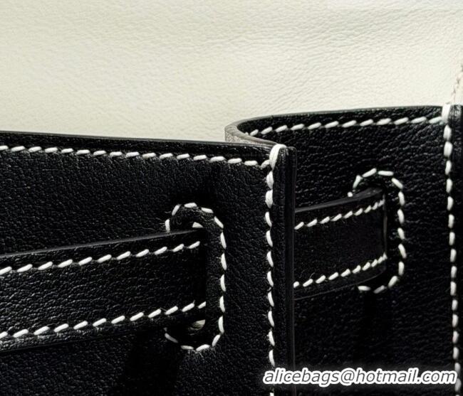 Cheap Hermes Kelly Pochette Swift Bag 22cm in Cow Leather H0414 Black/White Stitching 2026 (Half Handmade)