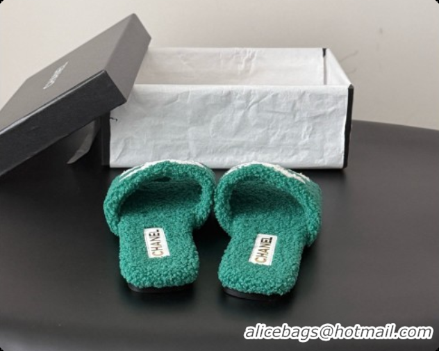 Good Quality Chanel Fluffy Flat Slide Sandals CH091015 Green 2026