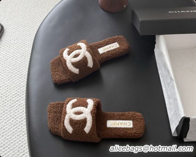 Duplicate Chanel Fluffy Flat Slide Sandals CH091017 Dark Brown 2026