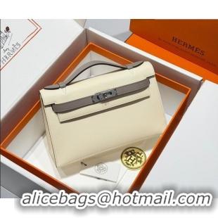 Best Grade Hermes Kelly Pochette Swift Bag 22cm in Cow Leather H0414 White/Grey 2026 (Half Handmade)