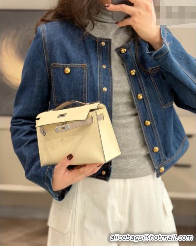 Best Grade Hermes Kelly Pochette Swift Bag 22cm in Cow Leather H0414 White/Grey 2026 (Half Handmade)