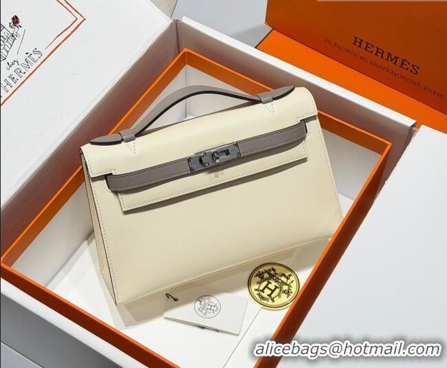 Best Grade Hermes Kelly Pochette Swift Bag 22cm in Cow Leather H0414 White/Grey 2026 (Half Handmade)