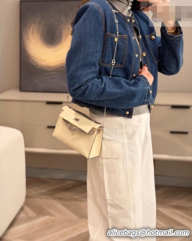 Best Grade Hermes Kelly Pochette Swift Bag 22cm in Cow Leather H0414 White/Grey 2026 (Half Handmade)