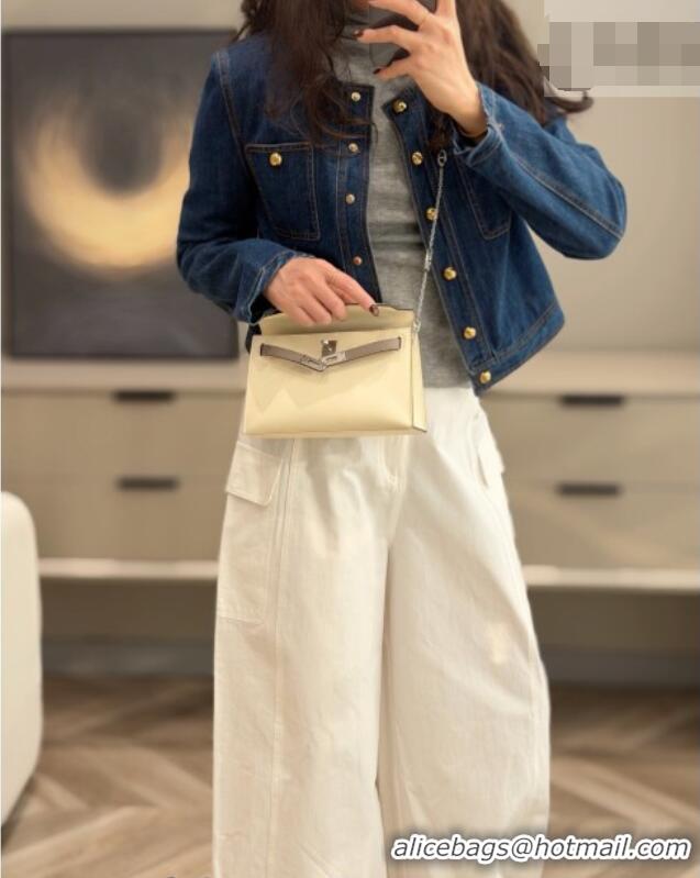 Best Grade Hermes Kelly Pochette Swift Bag 22cm in Cow Leather H0414 White/Grey 2026 (Half Handmade)