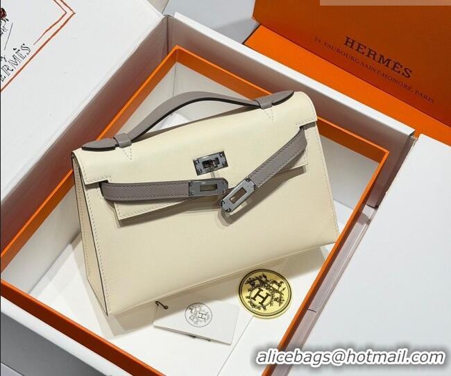Best Grade Hermes Kelly Pochette Swift Bag 22cm in Cow Leather H0414 White/Grey 2026 (Half Handmade)