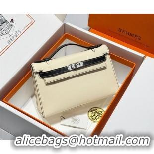 Top Design Hermes Kelly Pochette Swift Bag 22cm in Cow Leather H0414 White/Black2 2026 (Half Handmade)