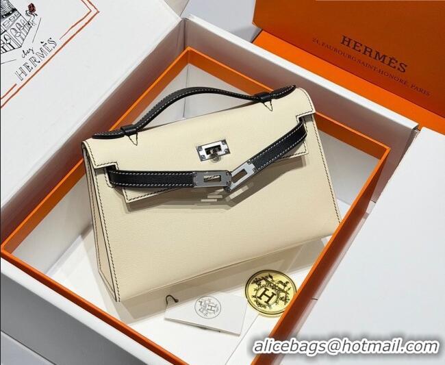 Top Design Hermes Kelly Pochette Swift Bag 22cm in Cow Leather H0414 White/Black2 2026 (Half Handmade)