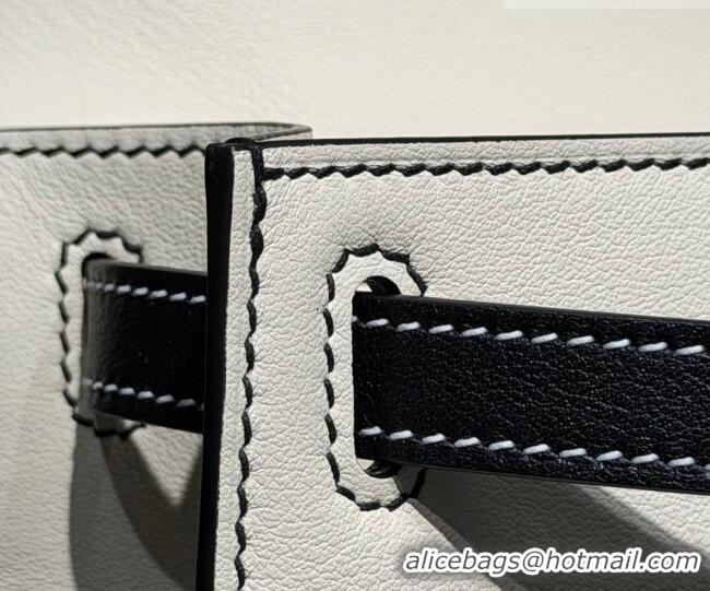 Top Design Hermes Kelly Pochette Swift Bag 22cm in Cow Leather H0414 White/Black2 2026 (Half Handmade)