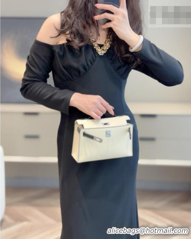 Top Design Hermes Kelly Pochette Swift Bag 22cm in Cow Leather H0414 White/Black2 2026 (Half Handmade)