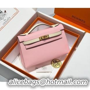 Good Looking Hermes Kelly Pochette Swift Bag 22cm in Cow Leather H0414 Pink/White 2026 (Half Handmade)