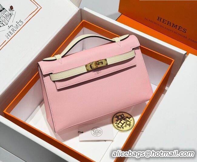 Good Looking Hermes Kelly Pochette Swift Bag 22cm in Cow Leather H0414 Pink/White 2026 (Half Handmade)