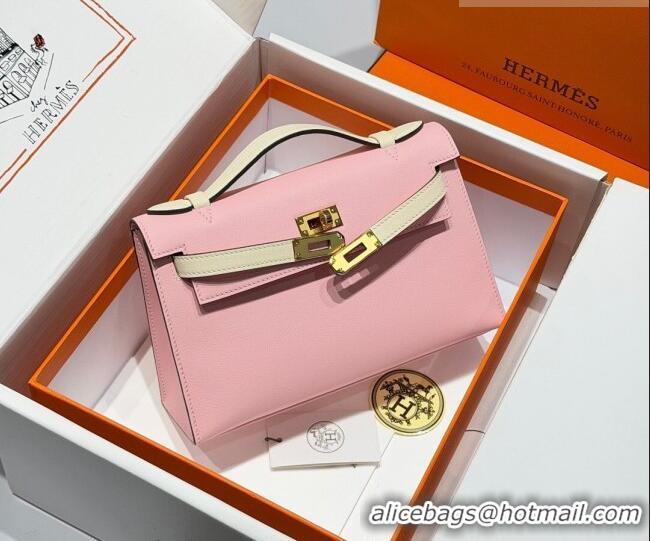 Good Looking Hermes Kelly Pochette Swift Bag 22cm in Cow Leather H0414 Pink/White 2026 (Half Handmade)
