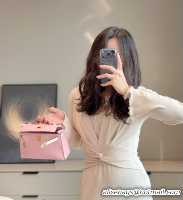 Good Looking Hermes Kelly Pochette Swift Bag 22cm in Cow Leather H0414 Pink/White 2026 (Half Handmade)