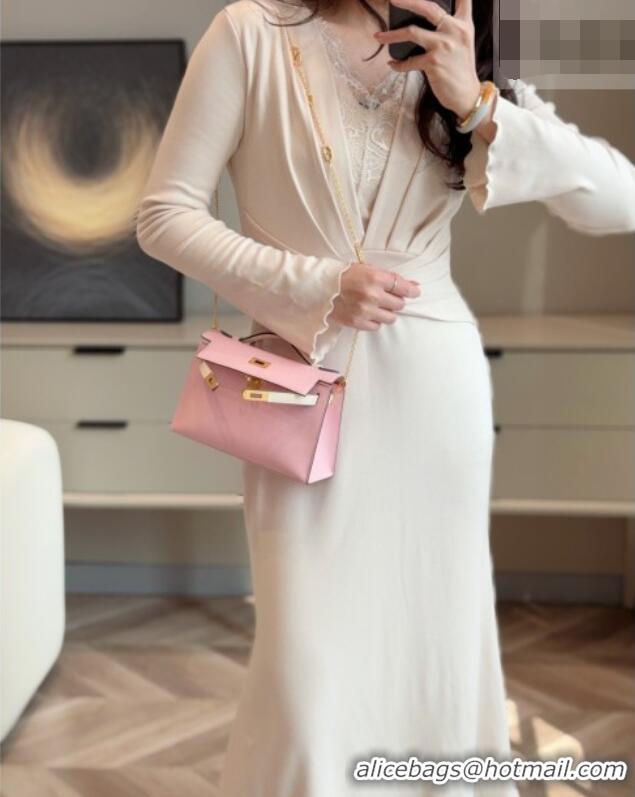Good Looking Hermes Kelly Pochette Swift Bag 22cm in Cow Leather H0414 Pink/White 2026 (Half Handmade)