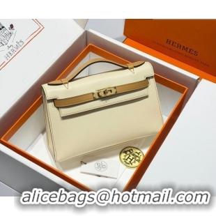 Spot Bulk Hermes Kelly Pochette Swift Bag 22cm in Cow Leather H0414 White/Beige 2026 (Half Handmade)