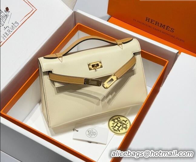 Spot Bulk Hermes Kelly Pochette Swift Bag 22cm in Cow Leather H0414 White/Beige 2026 (Half Handmade)