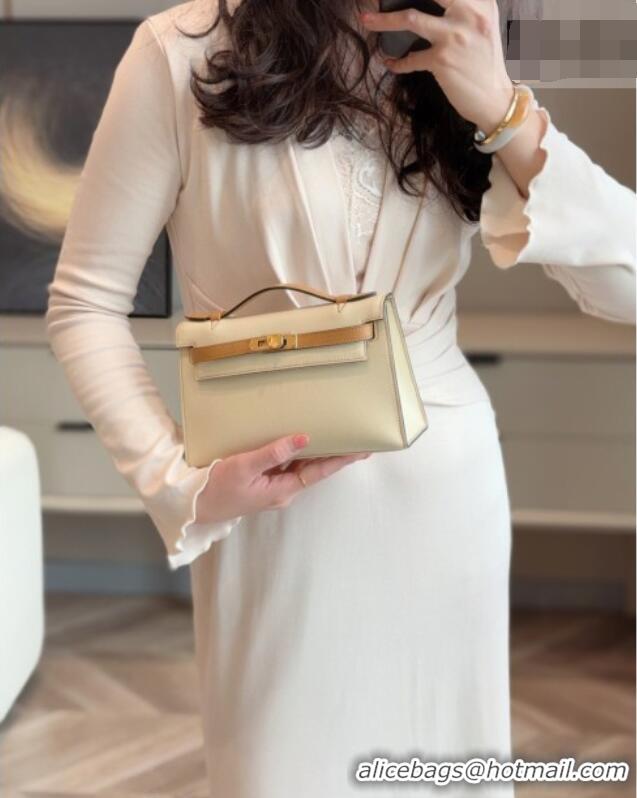 Spot Bulk Hermes Kelly Pochette Swift Bag 22cm in Cow Leather H0414 White/Beige 2026 (Half Handmade)
