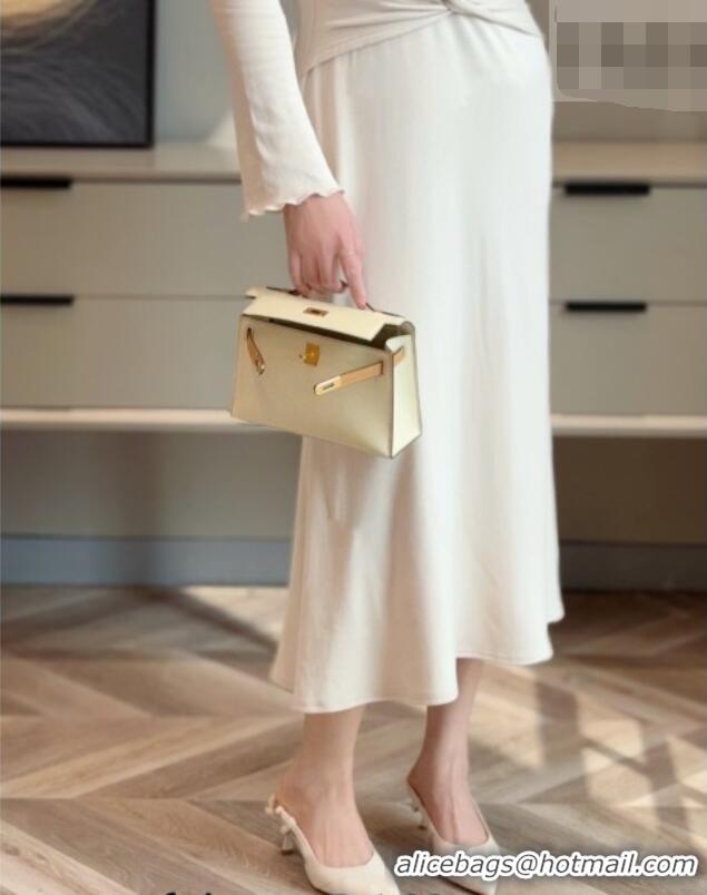 Spot Bulk Hermes Kelly Pochette Swift Bag 22cm in Cow Leather H0414 White/Beige 2026 (Half Handmade)
