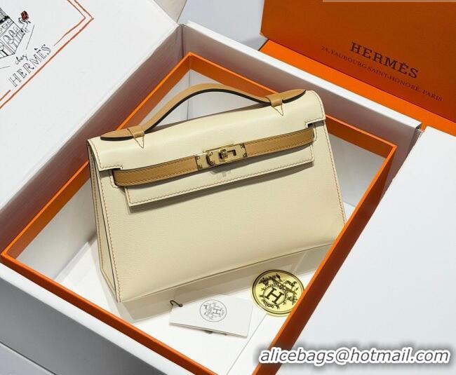 Spot Bulk Hermes Kelly Pochette Swift Bag 22cm in Cow Leather H0414 White/Beige 2026 (Half Handmade)