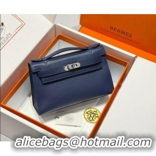 Famous Brand Hermes Kelly Pochette Swift Bag 22cm in Cow Leather H0414 Sapphire Blue 2026 (Half Handmade)