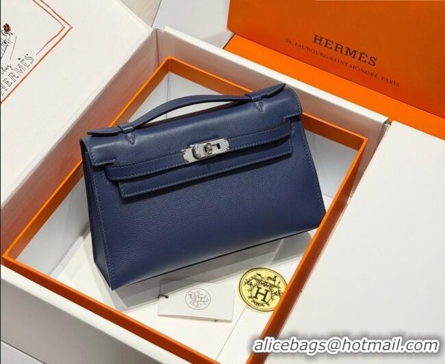Famous Brand Hermes Kelly Pochette Swift Bag 22cm in Cow Leather H0414 Sapphire Blue 2026 (Half Handmade)
