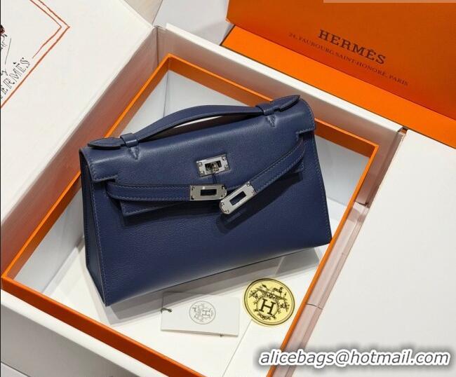 Famous Brand Hermes Kelly Pochette Swift Bag 22cm in Cow Leather H0414 Sapphire Blue 2026 (Half Handmade)