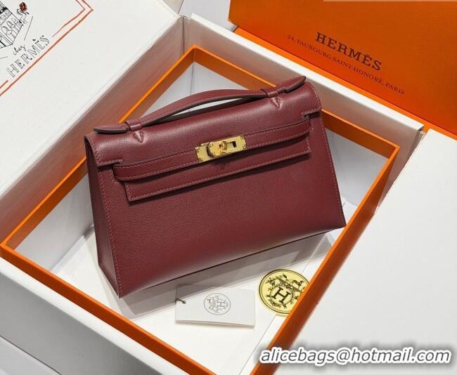 Best Grade Hermes Kelly Pochette Swift Bag 22cm in Cow Leather H0414 Ruby Red 2026 (Half Handmade)