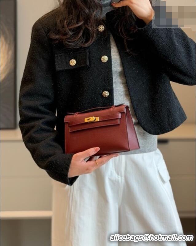 Best Grade Hermes Kelly Pochette Swift Bag 22cm in Cow Leather H0414 Ruby Red 2026 (Half Handmade)