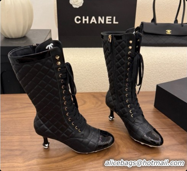 Charming Chanel Lace-up Boots in Calfskin & Patent Leather CH091032 Black 2026