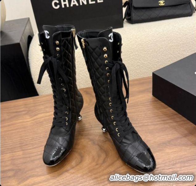 Charming Chanel Lace-up Boots in Calfskin & Patent Leather CH091032 Black 2026