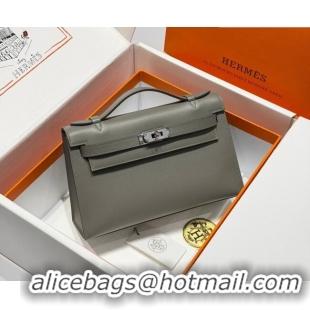 Spot Bulk Hermes Kelly Pochette Swift Bag 22cm in Cow Leather 0414 Tin Grey 2026 (Half Handmade)