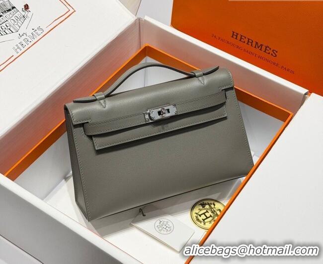 Spot Bulk Hermes Kelly Pochette Swift Bag 22cm in Cow Leather 0414 Tin Grey 2026 (Half Handmade)