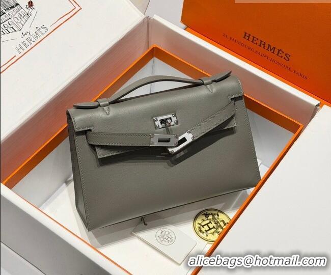 Spot Bulk Hermes Kelly Pochette Swift Bag 22cm in Cow Leather 0414 Tin Grey 2026 (Half Handmade)