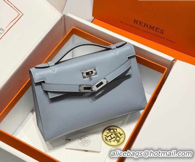 Market Sells Hermes Kelly Pochette Swift Bag 22cm in Cow Leather 0414 Linen Blue 2026 (Half Handmade)
