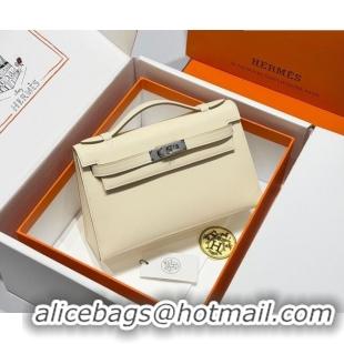 Best Grade Hermes Kelly Pochette Swift Bag 22cm in Cow Leather Milk Shake 0414 White/Silver 2026 (Half Handmade)