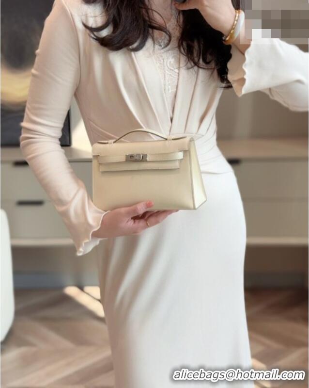 Best Grade Hermes Kelly Pochette Swift Bag 22cm in Cow Leather Milk Shake 0414 White/Silver 2026 (Half Handmade)