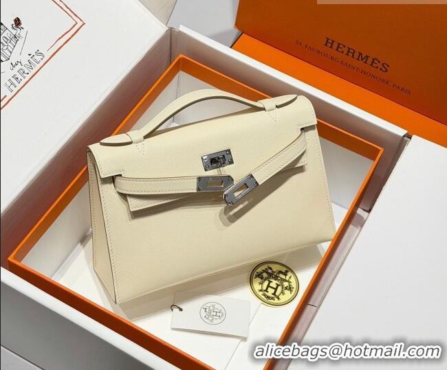 Best Grade Hermes Kelly Pochette Swift Bag 22cm in Cow Leather Milk Shake 0414 White/Silver 2026 (Half Handmade)