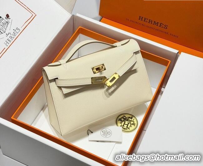 Hot Style Hermes Kelly Pochette Swift Bag 22cm in Cow Leather 0414 Milk Shake White/Gold 2026 (Half Handmade)