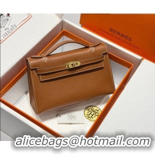 Most Popular Hermes Kelly Pochette Swift Bag 22cm in Cow Leather 0414 Brown/Gold 2026 (Half Handmade)