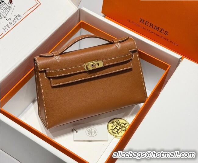 Most Popular Hermes Kelly Pochette Swift Bag 22cm in Cow Leather 0414 Brown/Gold 2026 (Half Handmade)