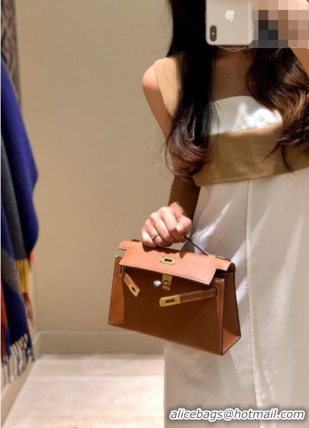 Most Popular Hermes Kelly Pochette Swift Bag 22cm in Cow Leather 0414 Brown/Gold 2026 (Half Handmade)