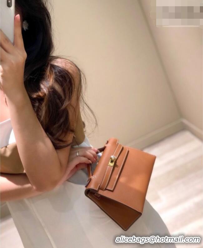 Most Popular Hermes Kelly Pochette Swift Bag 22cm in Cow Leather 0414 Brown/Gold 2026 (Half Handmade)
