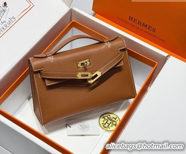 Most Popular Hermes Kelly Pochette Swift Bag 22cm in Cow Leather 0414 Brown/Gold 2026 (Half Handmade)