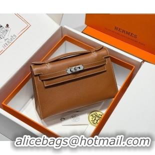 Luxury Cheap Hermes Kelly Pochette Swift Bag 22cm in Cow Leather 0414 Brown/Silver 2026 (Half Handmade)