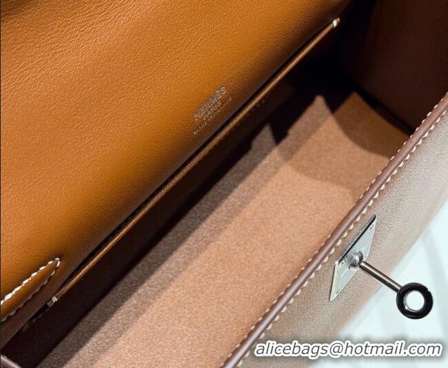 Luxury Cheap Hermes Kelly Pochette Swift Bag 22cm in Cow Leather 0414 Brown/Silver 2026 (Half Handmade)